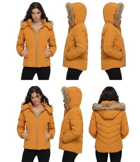 Doudoune courte pour femme, jaune éclatant avec capuche amovible et poches pratiques - Idéale pour l'automne et l'hiver