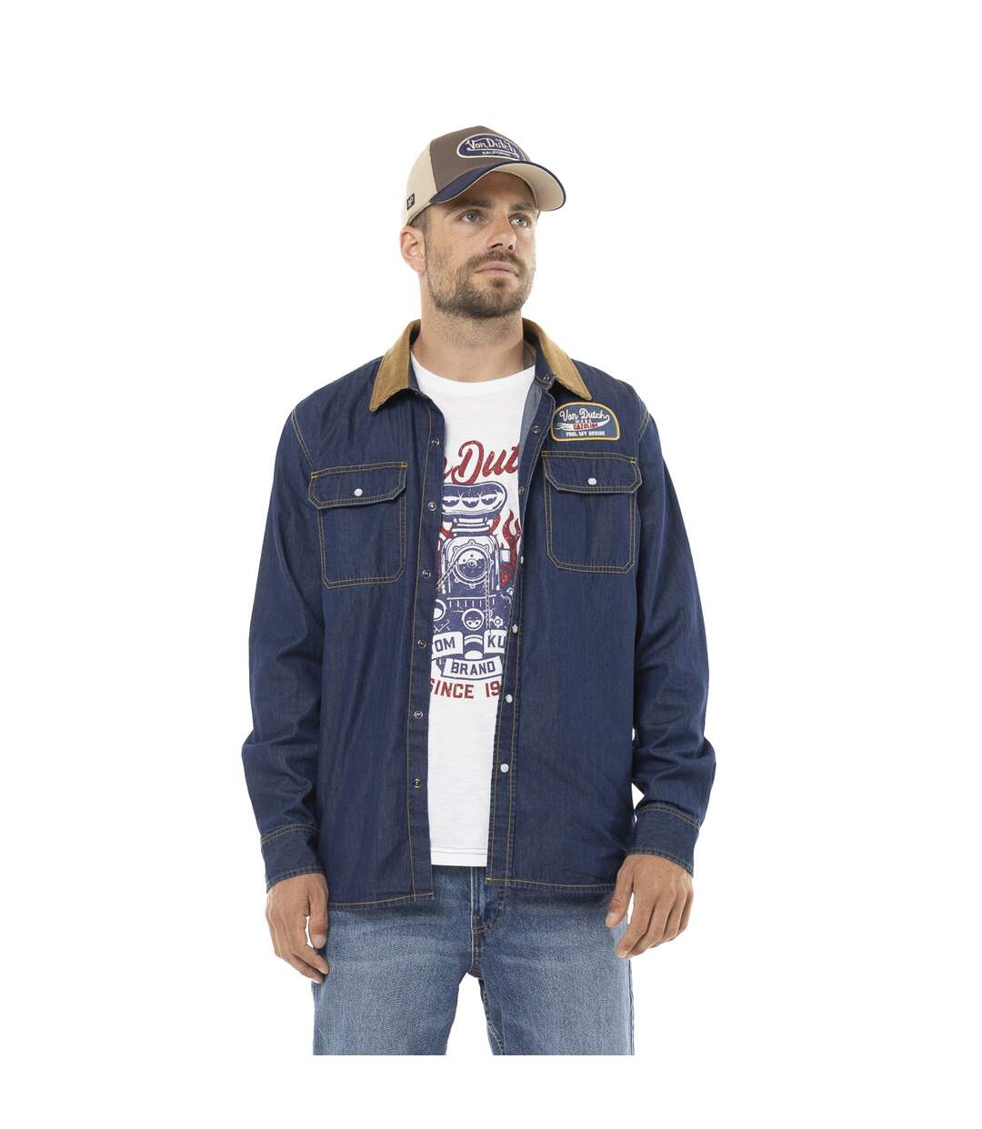 Chemise homme manches longues chambray et col velours et patch Fuel Vondutch-1