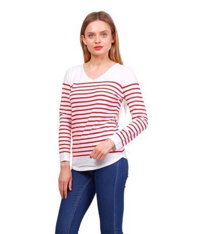 Pull femme de style marin - Pull col en V - Manches longues - Rayé rouge