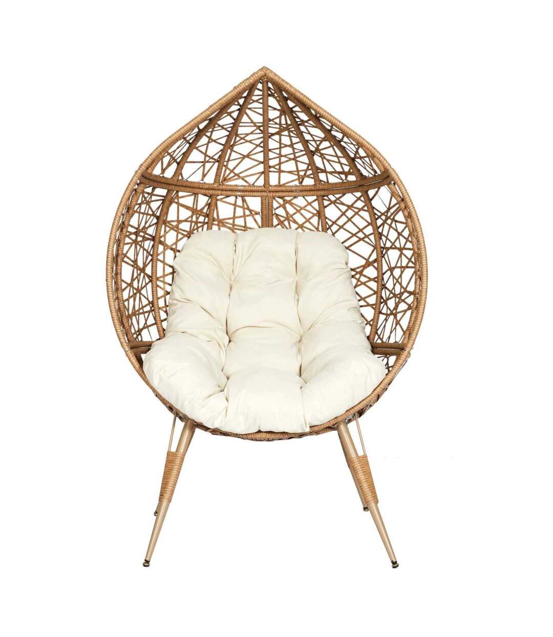 Fauteuil oeuf en résine tressée coussin en tissu beige Longueur 100 cm-3