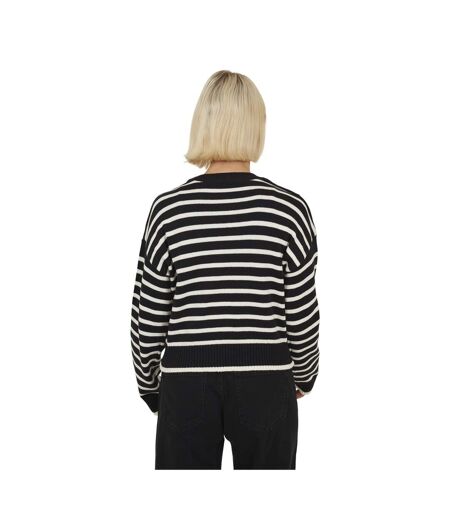 Womens/ladies Stripe Cotton Crew Neck Jumper Black Ivory Brave Soul
