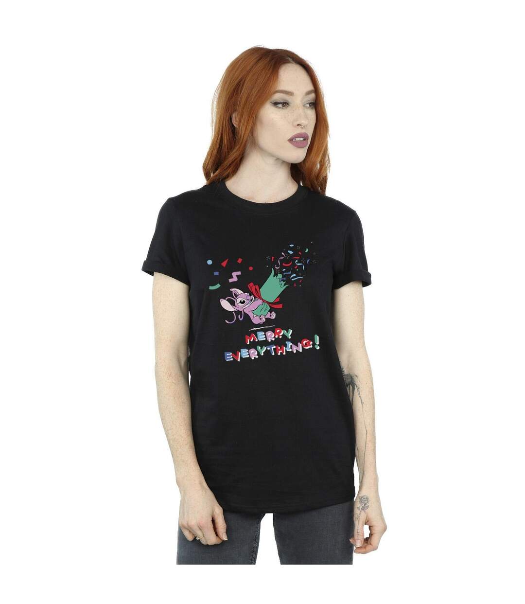 Disney Womens/Ladies Lilo And Stitch Angel Merry Everything Coton Boyfriend T-Shirt (Noir) - UTBI30011-1