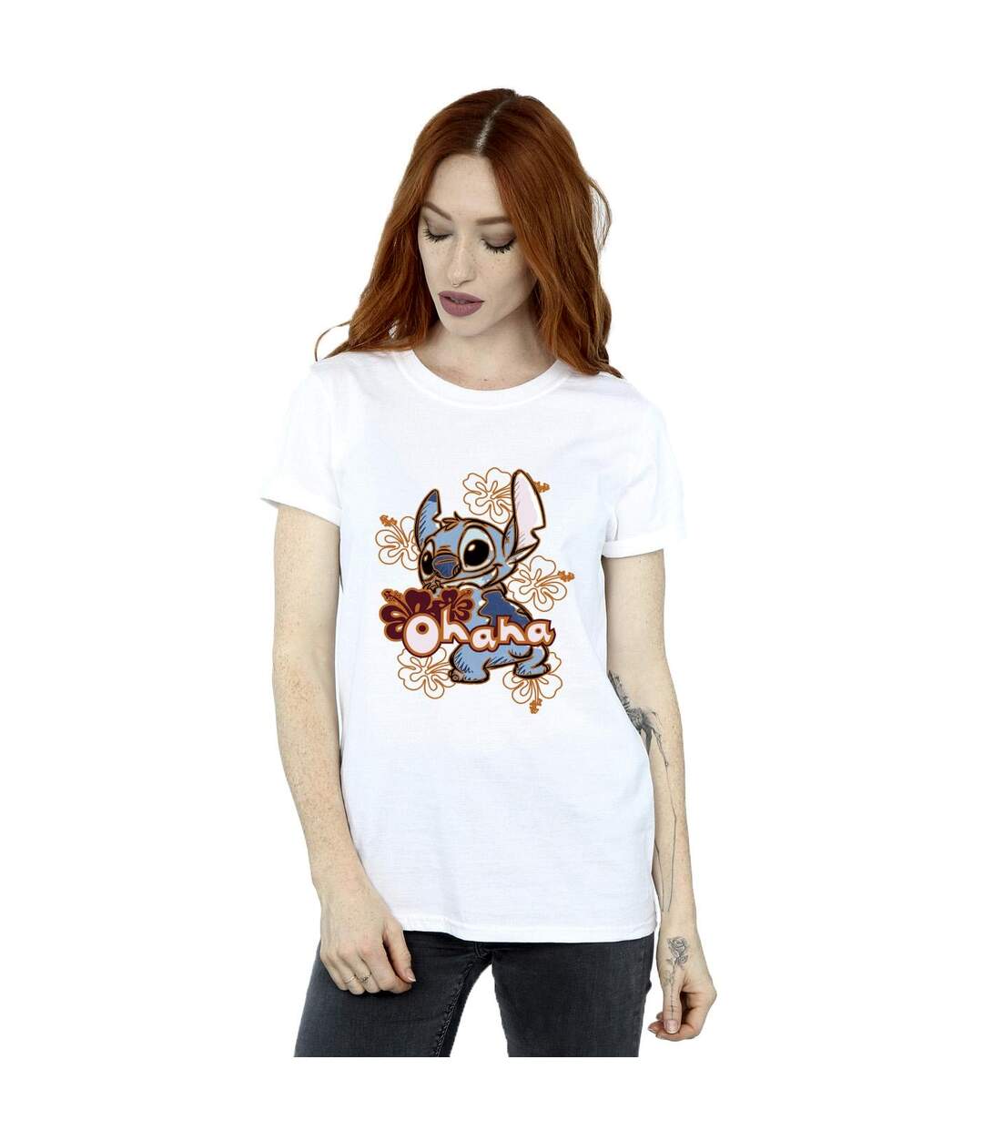 Disney Womens/Ladies Lilo And Stitch Ohana Orange Hibiscus Cotton Boyfriend T-Shirt (Blanc) - UTBI30222-2