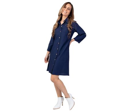 Robe chemise col tailleur CLAUDINE unie bleu marine Coton Du Monde