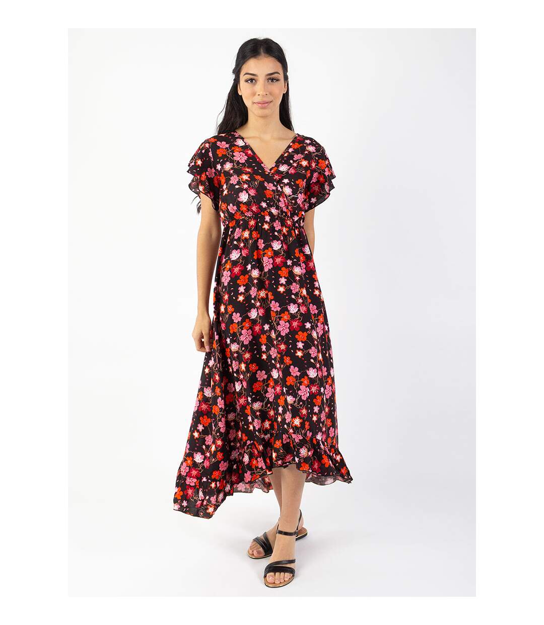 Robe longue à volants KENDRA imprimé fleurs de cerisier noir Coton Du Monde