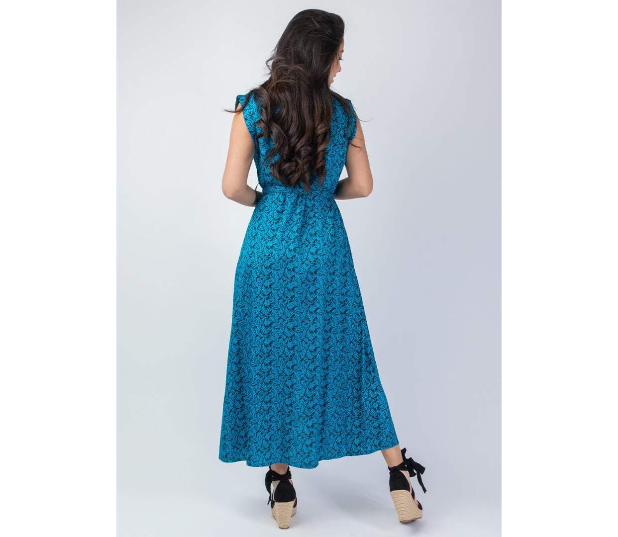 Robe longue ceinturée SELINA motif bleu et noir Coton Du Monde-4
