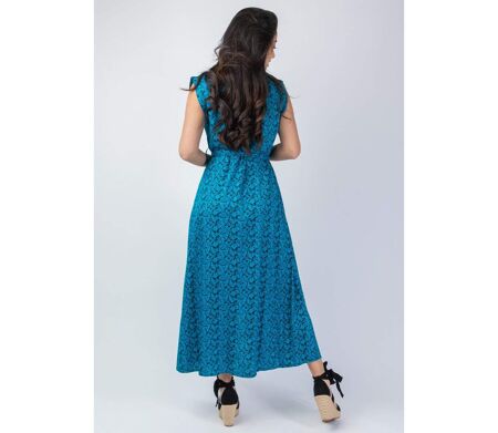 Robe longue ceinturée SELINA motif bleu et noir Coton Du Monde