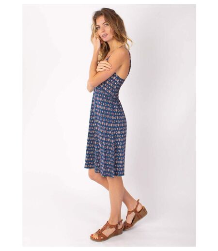 Robe courte fines bretelles BEA motif ethnique bleu Coton Du Monde