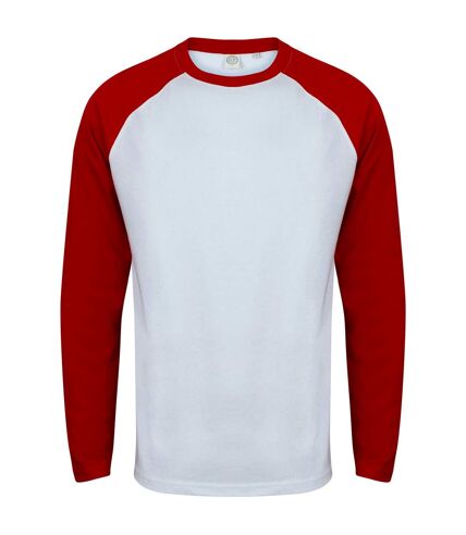 Skinnifit Mens Raglan Long Sleeve Baseball T-Shirt (White/ Red)