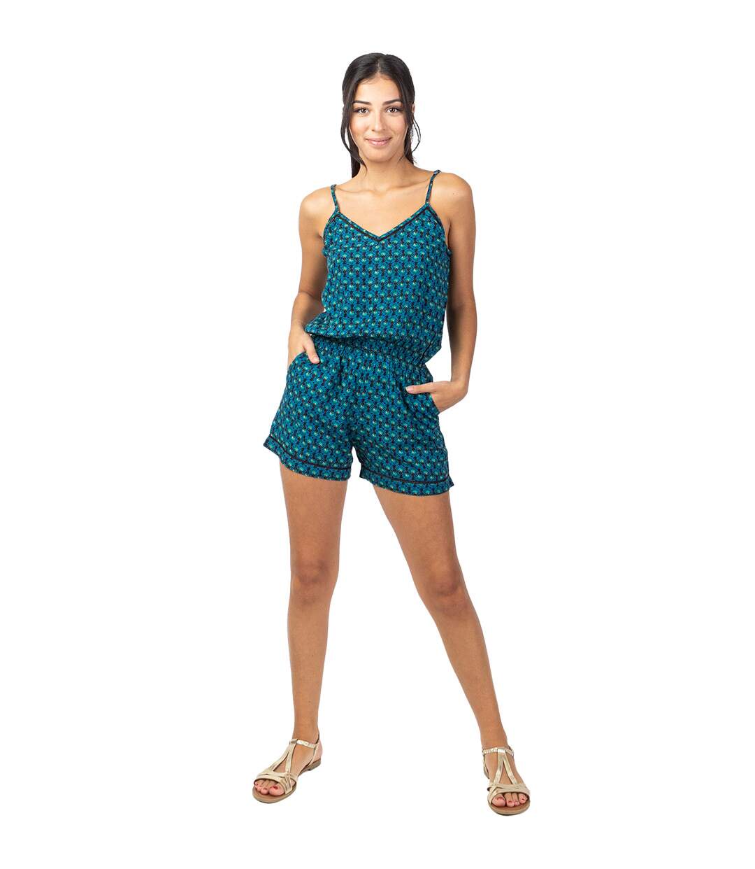 Combi Short fluide taille élastiquée ROMY bleu Coton Du Monde-1