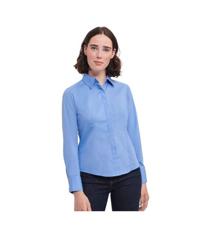 Womens/ladies Poplin Easy-care Fitted Long-sleeved Shirt Corporate Blue Russell Collection