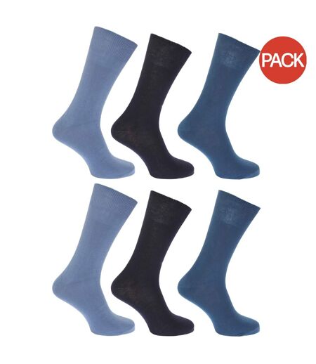 FLOSO Mens Plain 100% Cotton Socks (Pack Of 6) (Shades of Blue) - UTMB183