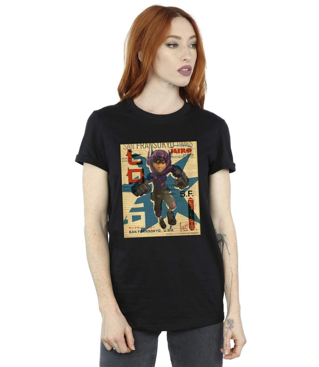Disney Femme/Les femmes Big Hero 6 Baymax Hiro Newspaper Coton Boyfriend T-Shirt (Noir) - UTBI15473-2