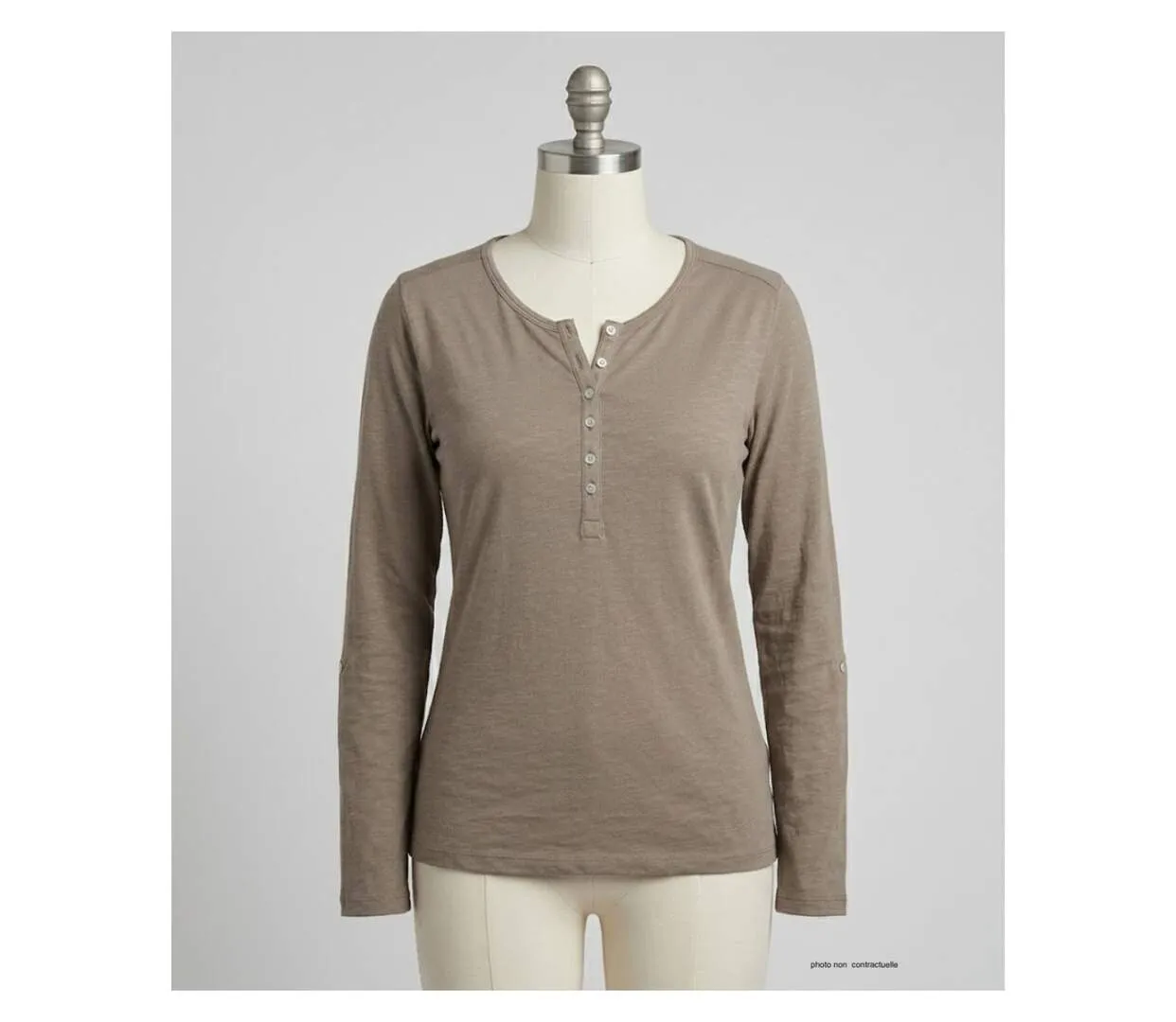 MAYFLOWER NINON3 : Tee-shirt manches longues taupe en coton flammé avec patte boutonnée-3
