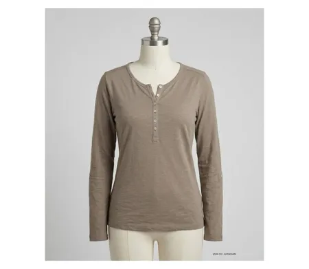 MAYFLOWER NINON3 : Tee-shirt manches longues taupe en coton flammé avec patte boutonnée