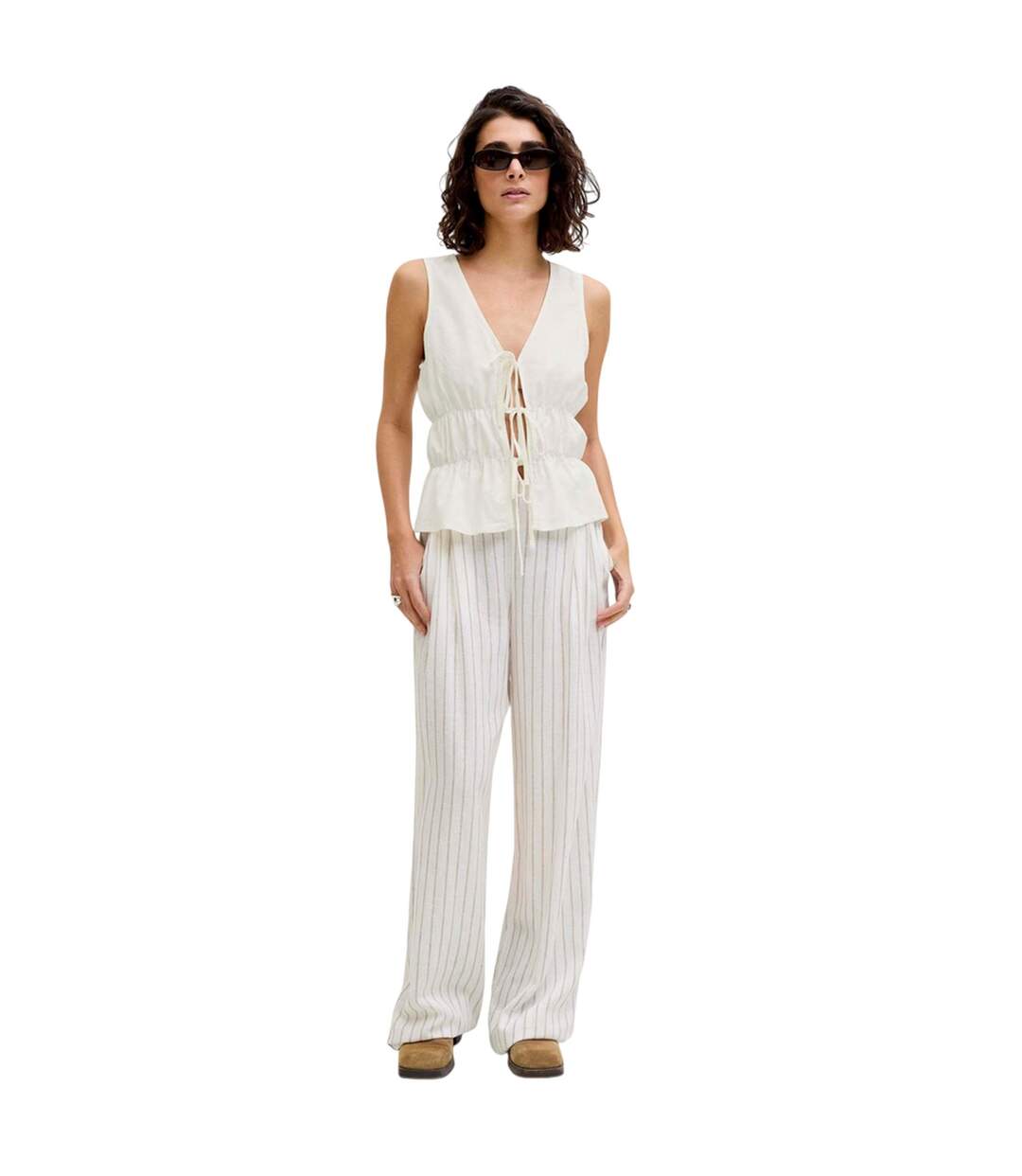Womens/ladies Linen Front Tie Sleeveless Top Blanc De Blanc JJXX-1