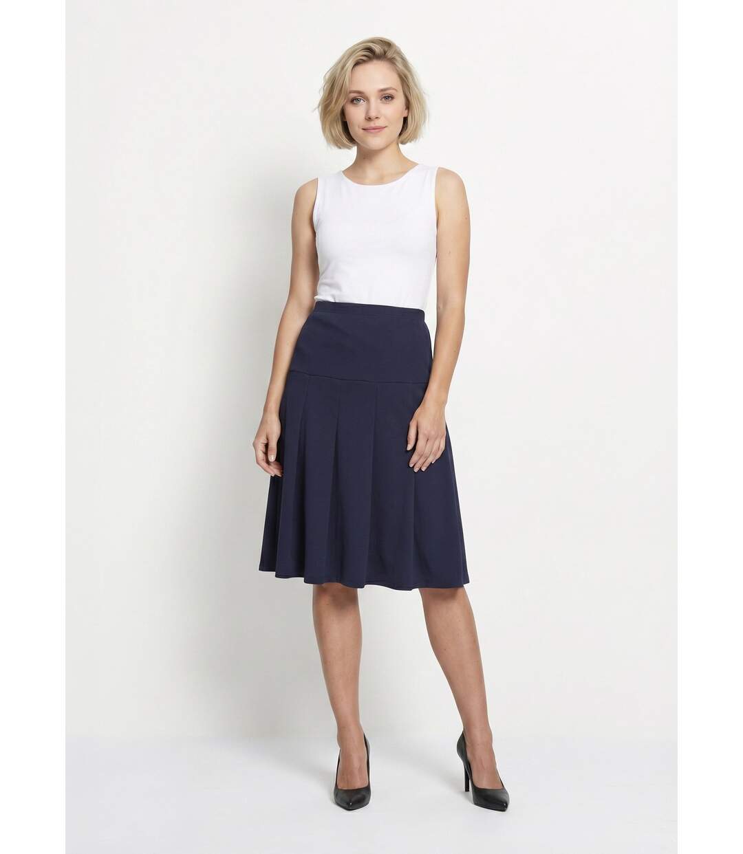 Jupe évasée mi longue unie taille élastiquée-3