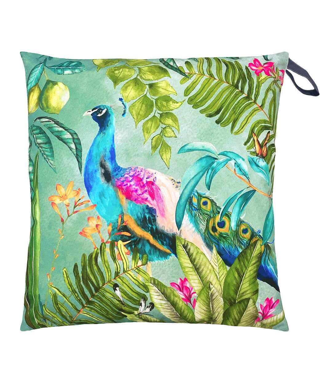 Peacock outdoor cushion cover 70cm x 70cm green/blue Evans Lichfield