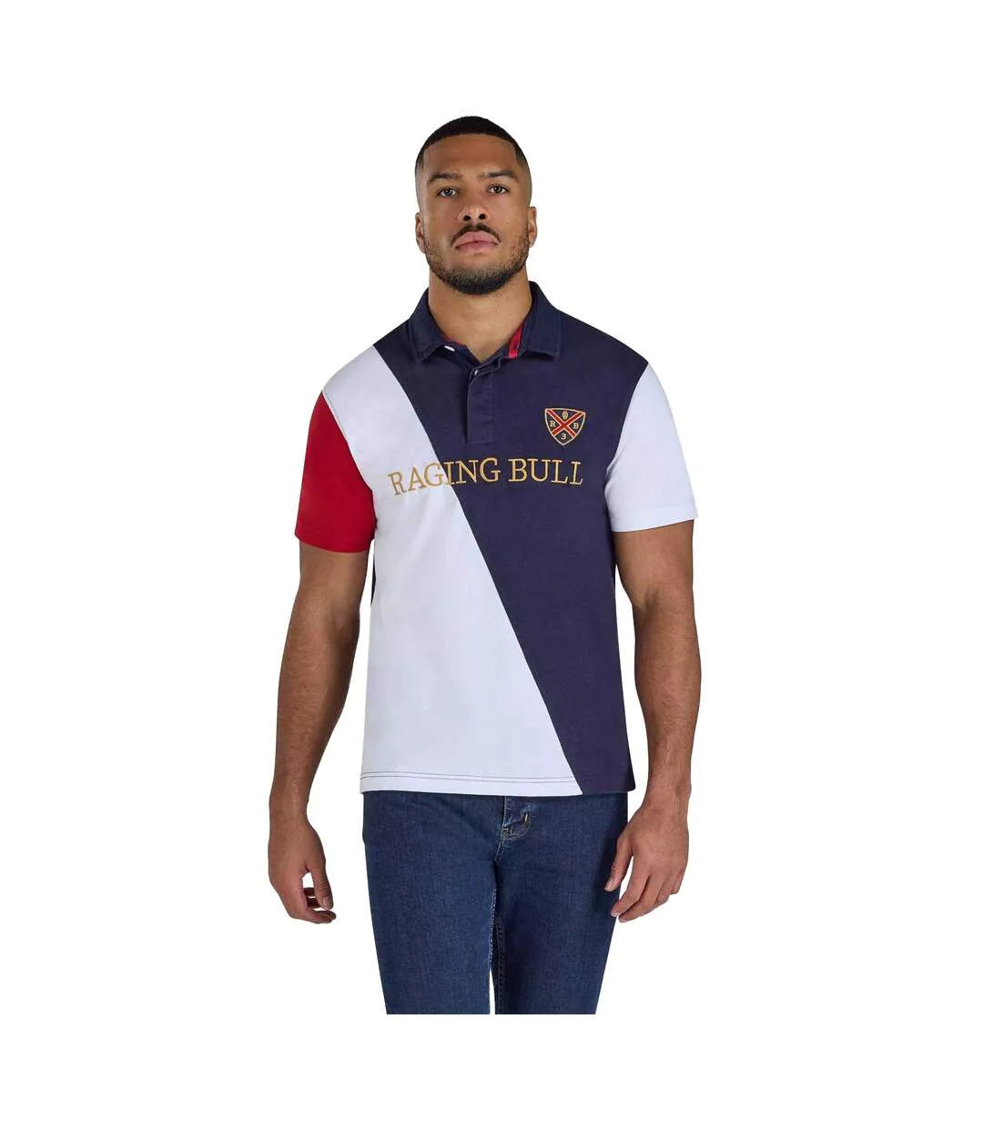 Polo Rugby Motif/style Rayure Diagonale Homme Bleu Marine Blanc Rouge Raging Bull-2