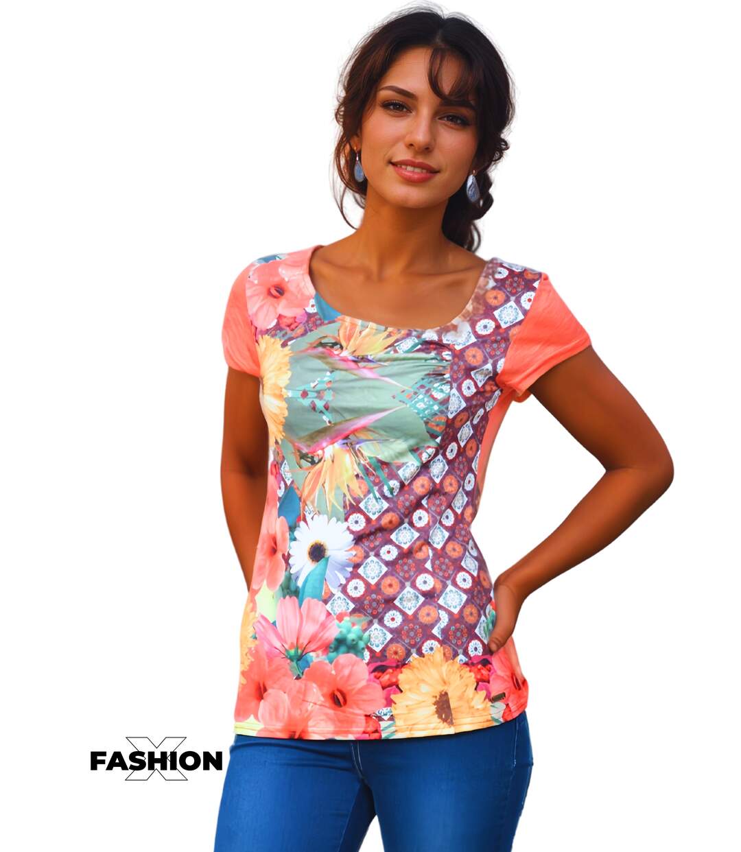 Tee shirt femme manches courtes multicouleur