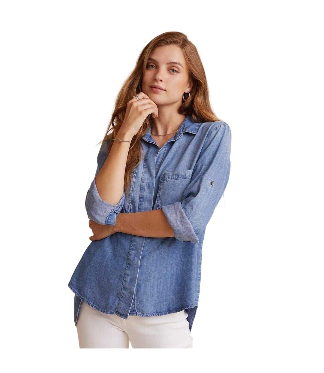 Womens/ladies Denim Back Slit Relaxed Fit Long-sleeved Shirt Ombre Blue Bella Dahl-1