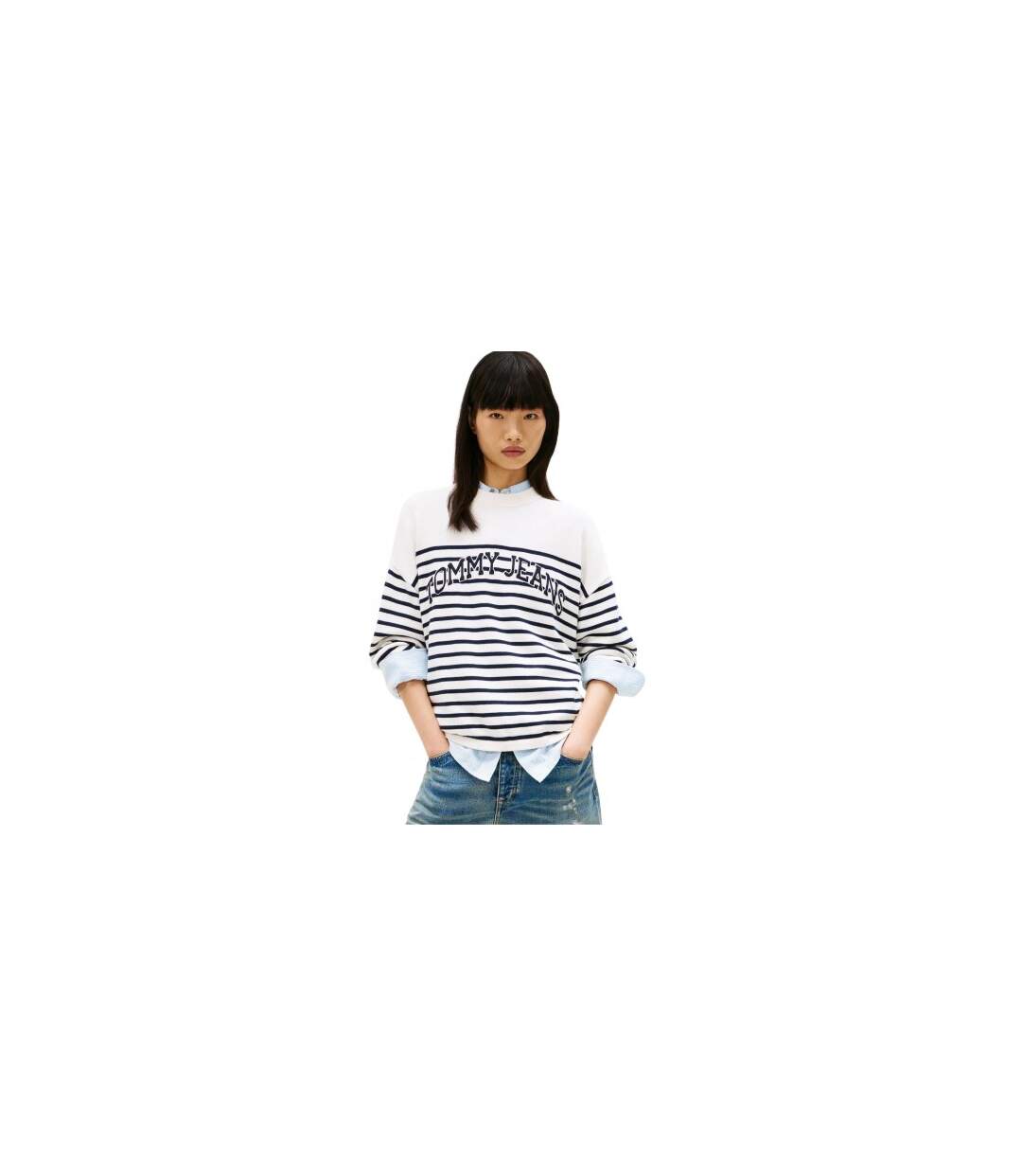 Womens/ladies Striped Ribbed Crew Neck Sweatshirt Antique White Tommy Jeans-1