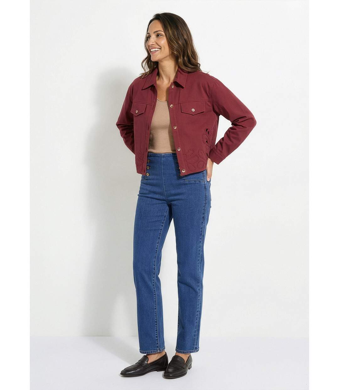 Veste courte en denim, détails ajourés-3
