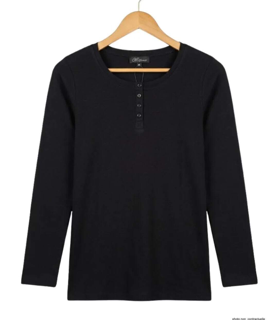 MAYFLOWER - Tee-shirt manches longues noir uni en viscose stretch avec col à 4 boutons-2