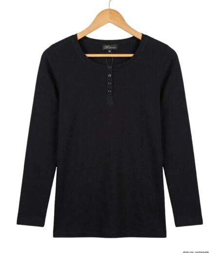 MAYFLOWER - Tee-shirt manches longues noir uni en viscose stretch avec col à 4 boutons