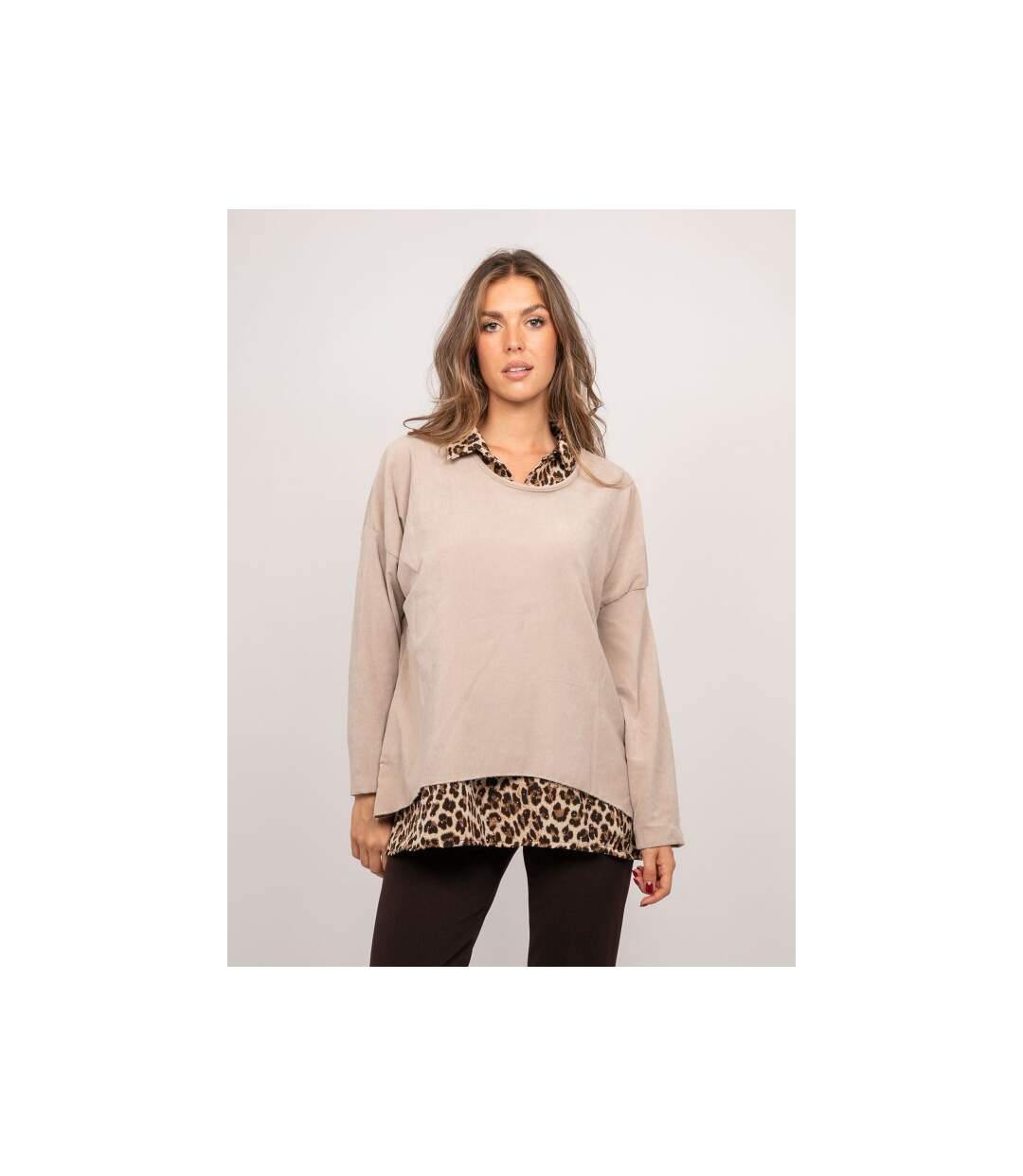 Pull 2 en 1 effet superposé col chemise léopard KEVA - Dona X Lisa-1