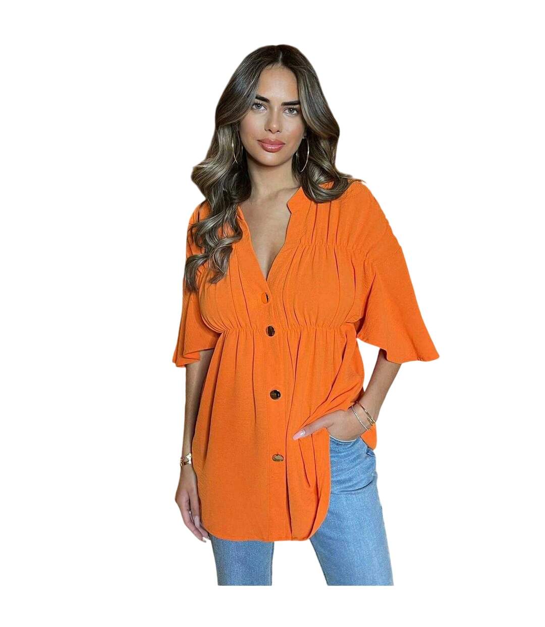 Womens/ladies Ruched V Neck Smock Top Orange AX Paris-2