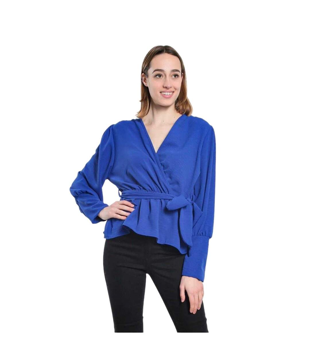 Womens/ladies Wrap Peplum Bishop Wrap Top Cobalt Be You-2