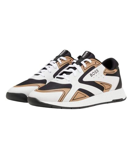 Mens Titanium Leather Running Trainers Beige Boss