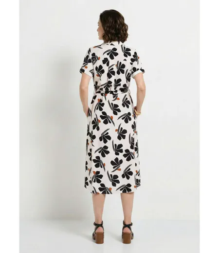 Robe-chemisier mi-longue ceinturée imprimée