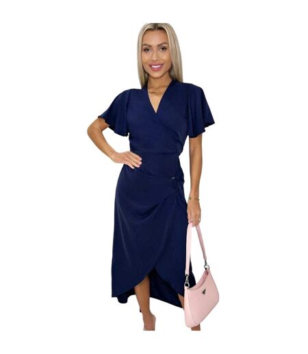 Womens/ladies Polyester Buckle Detail Flutter Wrap Dress Navy AX Paris