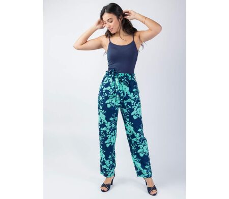 Pantalon fluide femme Maly imprimé fleuri turquoise Coton Du Monde