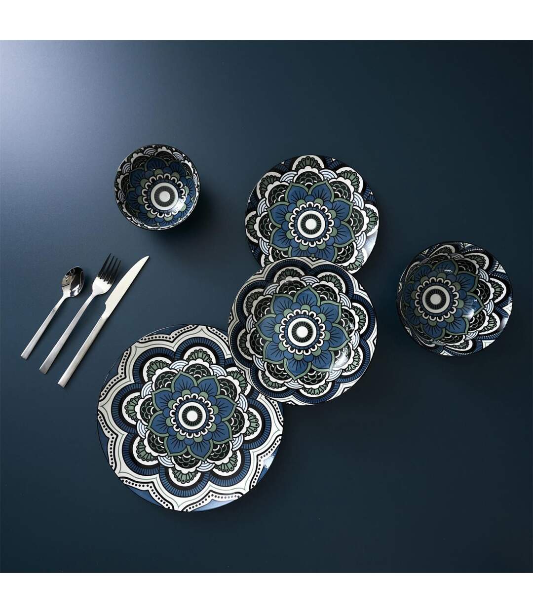 Lot de 6 Assiettes à Dessert Mandala 19cm Bleu-4