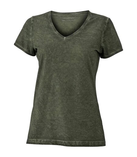 T-shirt style bohémien col V femme JN975 - vert olivacé