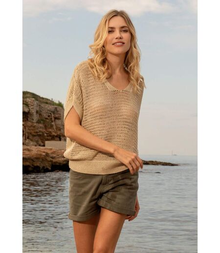 Pull ample en viscose tout en crochet lurex beige LUZIA