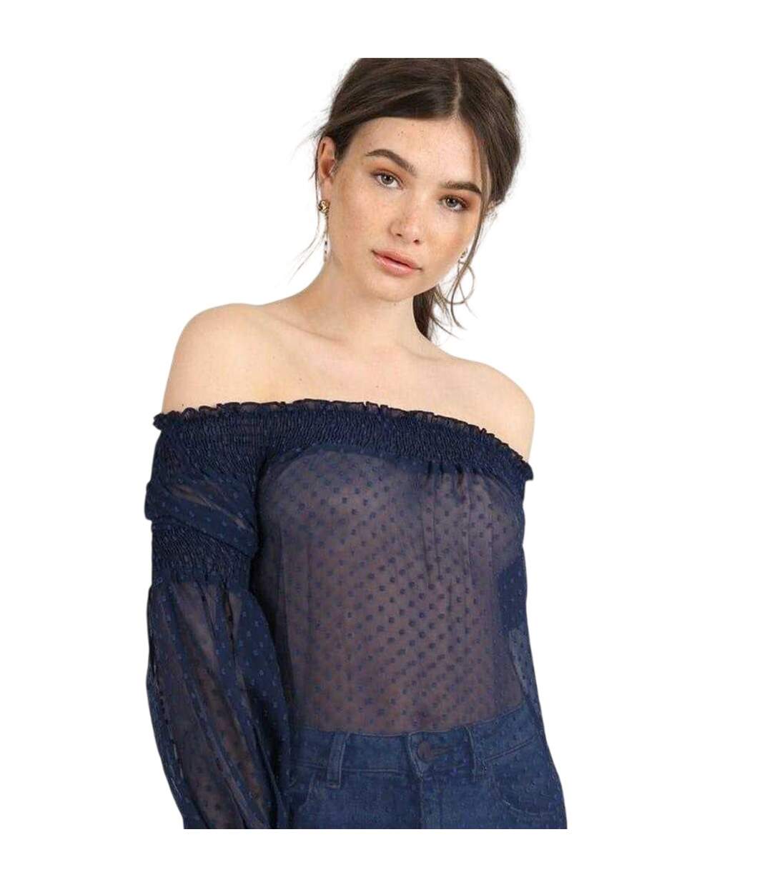 Haut À Épaules Dénudées Motif/style Froncé Femme Bleu Marine Influence-3