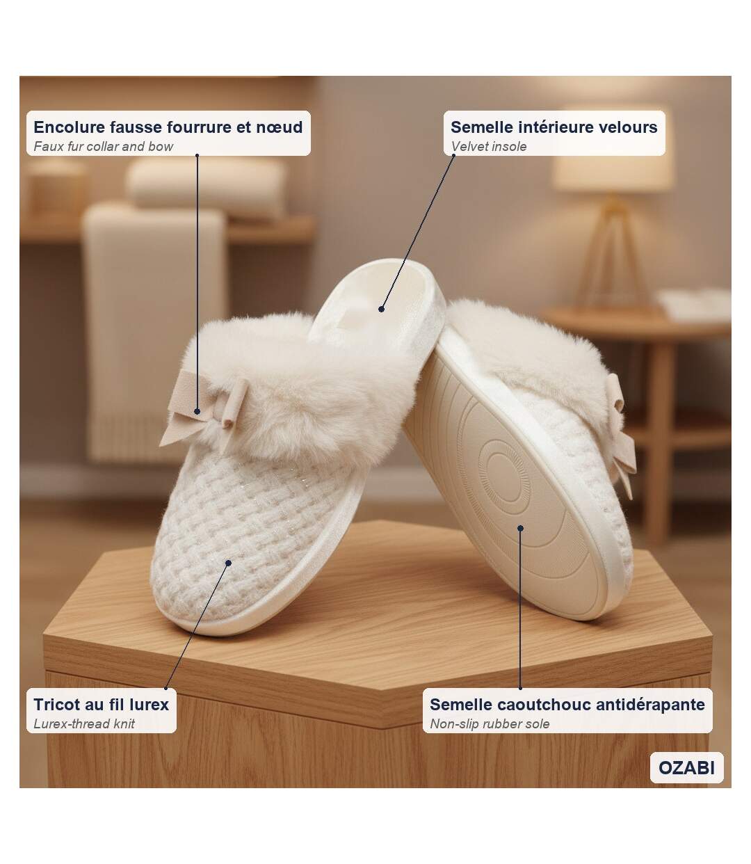 OZABI Mules Femme, Tricot Fil Lurex, Encolure Fausse Fourrure et Nœud-4