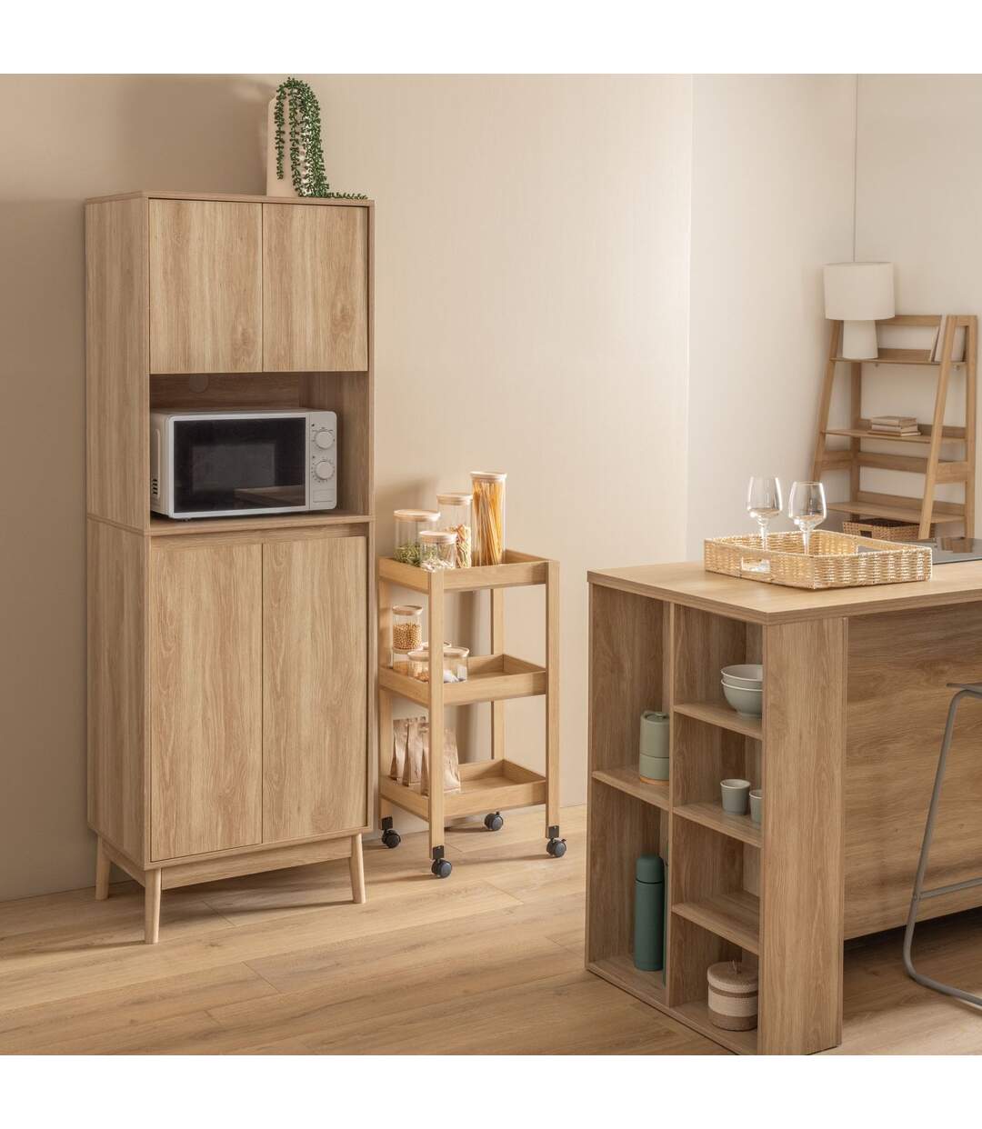Buffet de cuisine 1 niche et 4 portes effet bois naturel ABANA - Beige-2