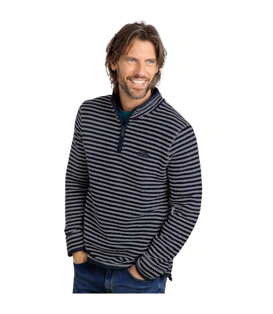 Mens shorling stripe macaroni quarter zip sweater frost grey Weird Fish