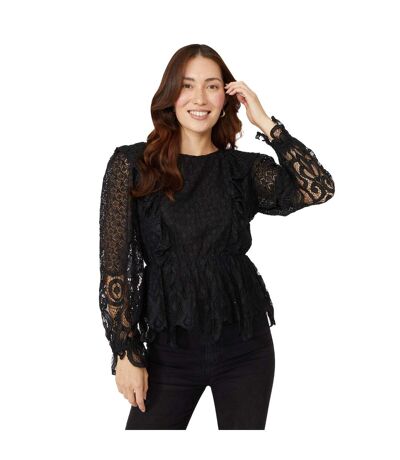 Womens/ladies lace frill top black Mantaray