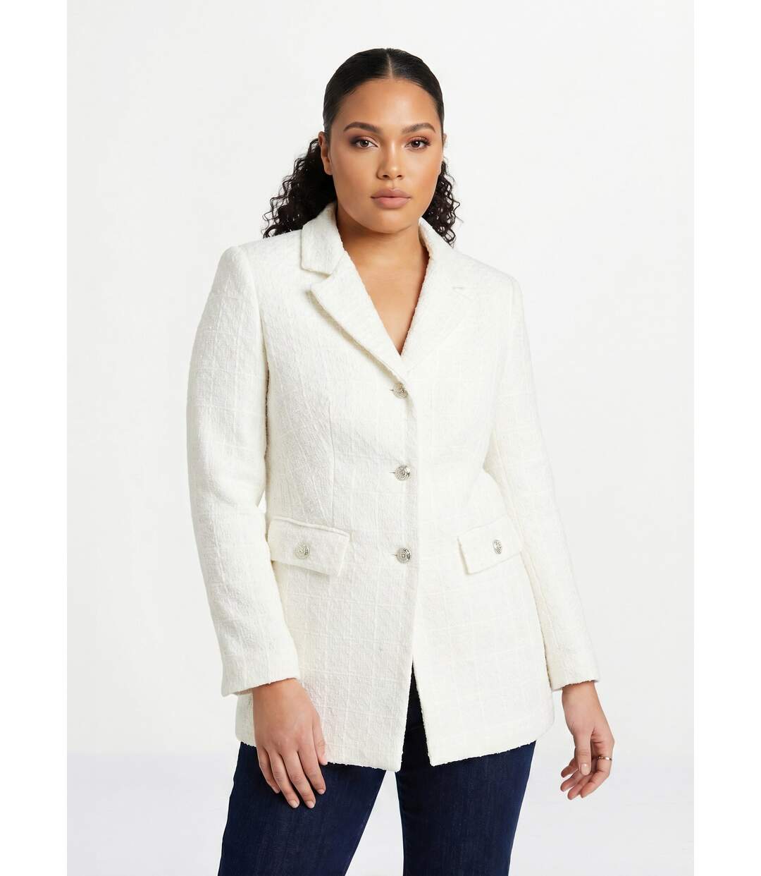 Veste droite boutonnée tissu natté col tailleur-1