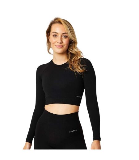Womens/ladies Seamless Long-sleeved Crop Top Black USA Pro