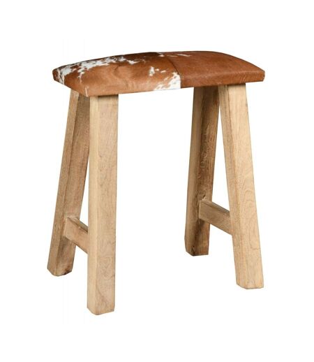 Tabouret rectangle en bois recyclé et peau de vache