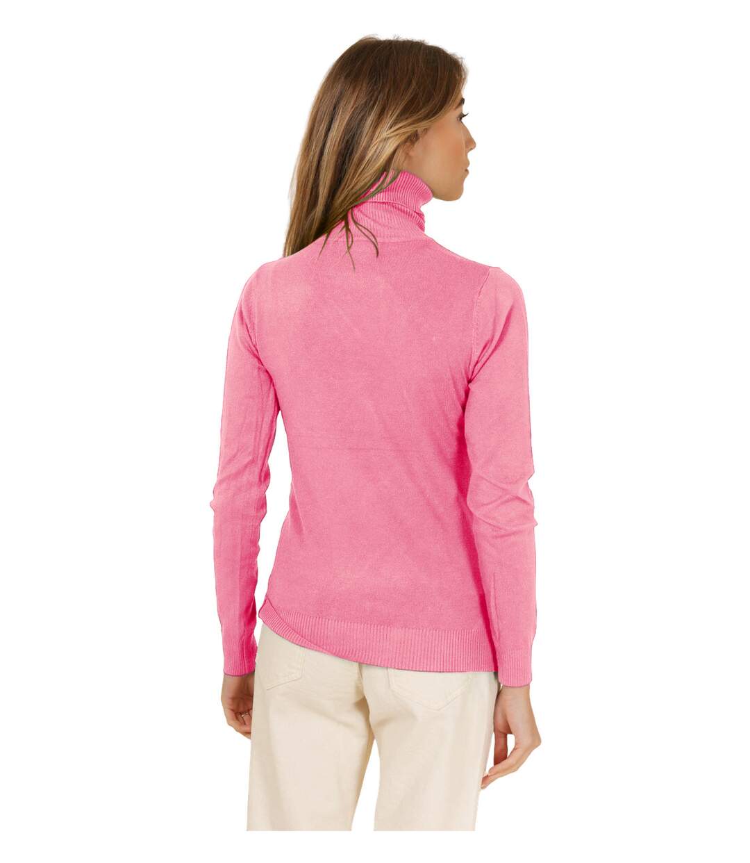 Pull femme manches longues  col roulé couleur rose.