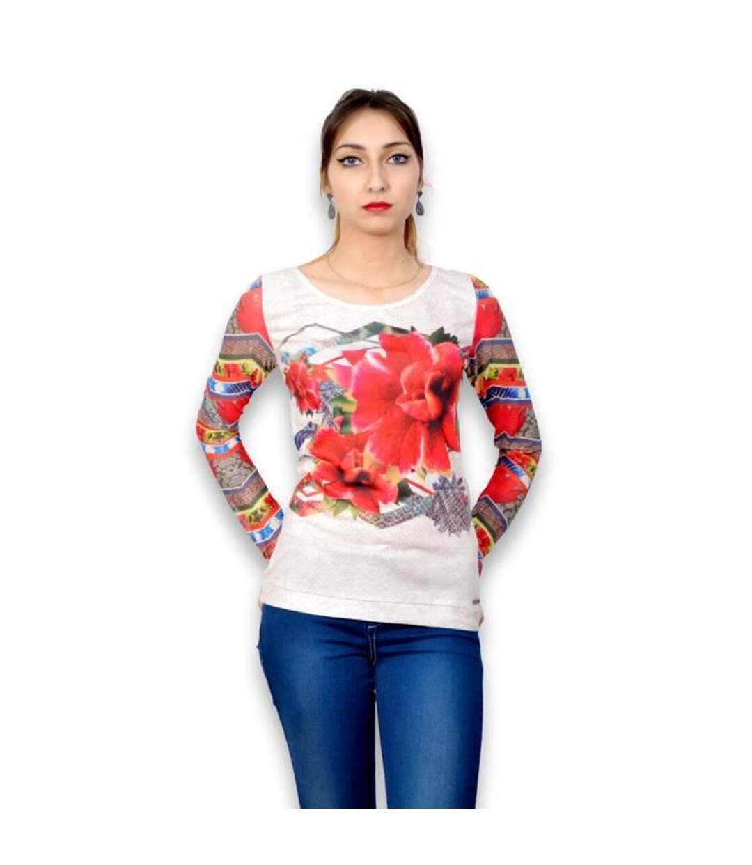 Tee shirt femme manches longues motifs devant et aux bras col rond-1