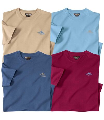 Pack of 4 Men's Adventure T-Shirts - Beige Blue Burgundy